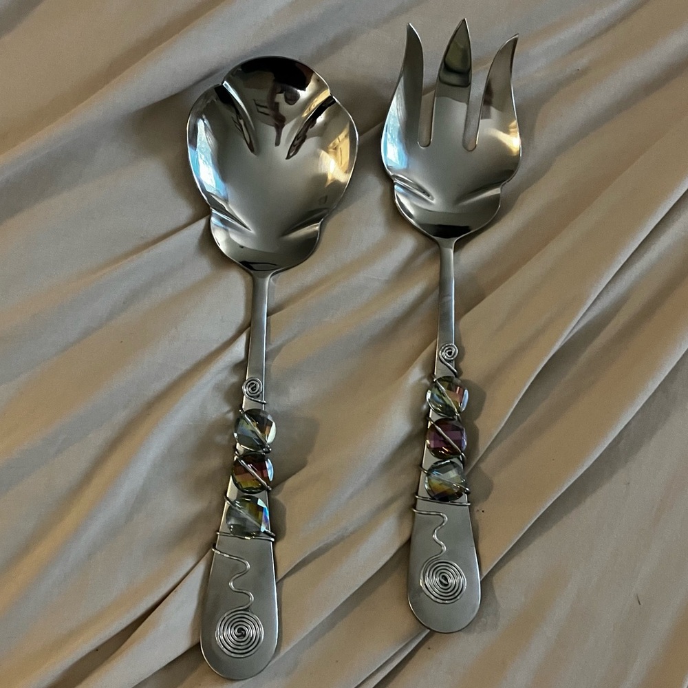 Set of stainless china decorative salad servers with iridescent beads
